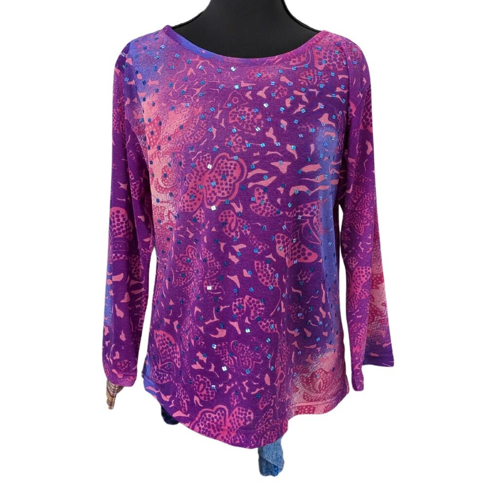 New with Tags Vintage Deadstock Vibrant Floral Top w Hand Beaded Detailing | XL